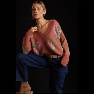 Anthropologie Floral Distressed Drop Shoulder V-Neck Sweater Large - NEW
